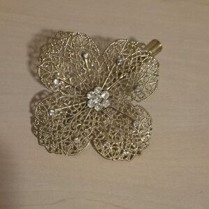 Gold Filigree Floral Hair Clip with Rhinestone Design